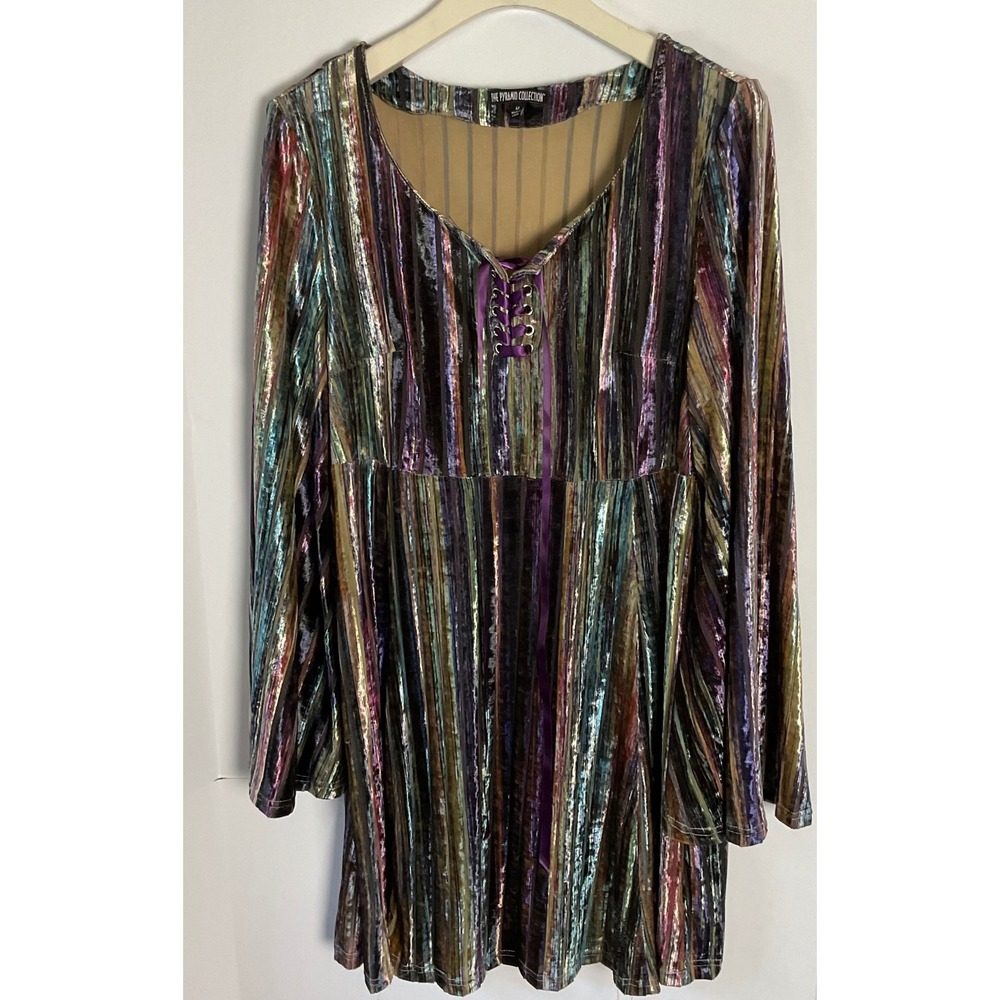 The Pyramid Collection Metallic Stripe Bell Sleeve Lace Up Tunic Dress Womens M